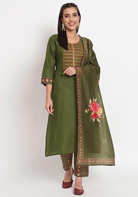 Green Embroidered Cotton Kurta Set