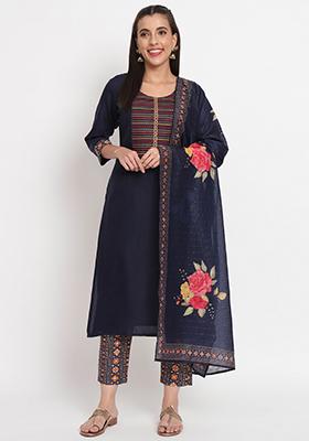 Blue Embroidered Cotton Kurta Set