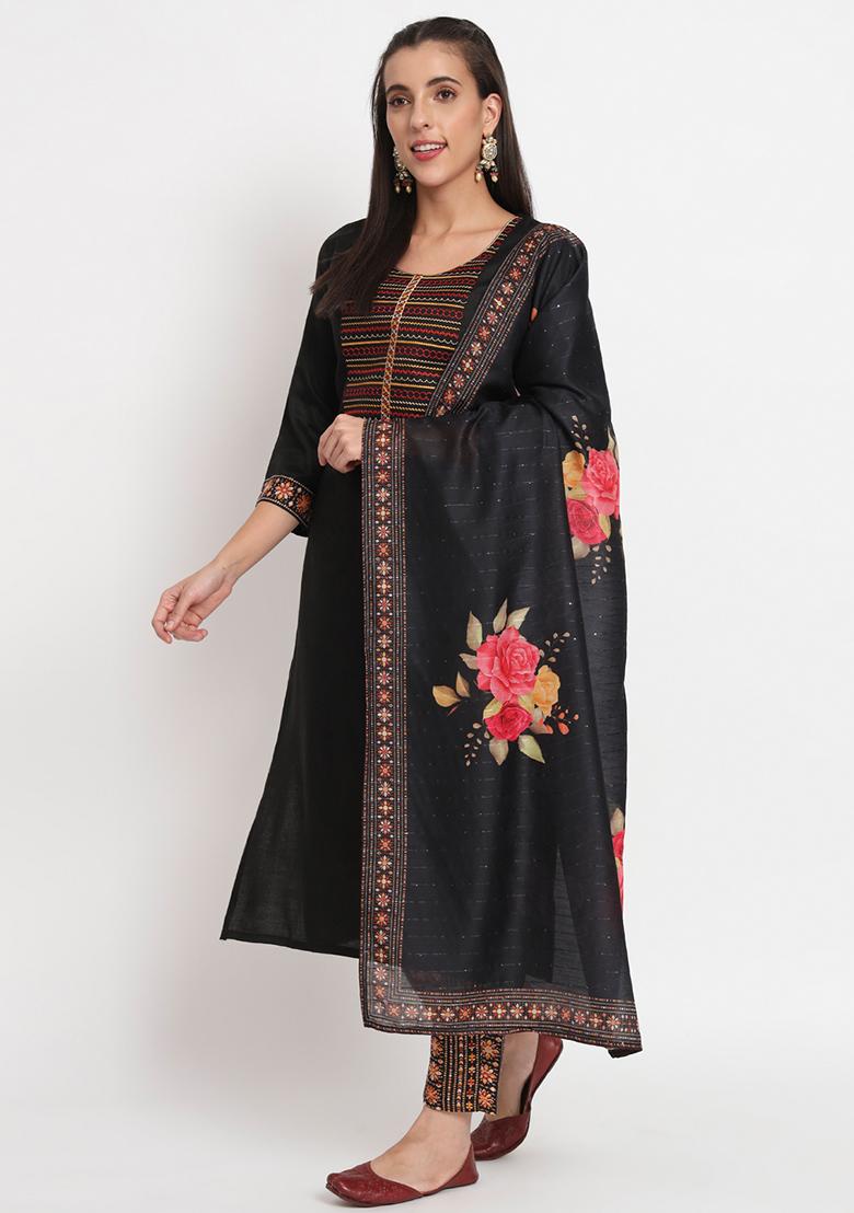 Black Embroidered Cotton Kurta Set