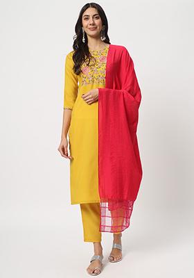 Yellow Embroidered Cotton Kurta Set