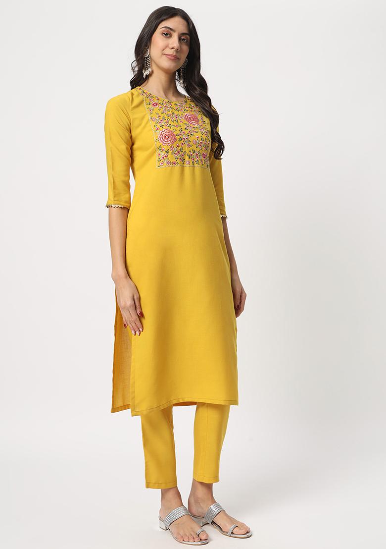 Yellow Embroidered Cotton Kurta Set