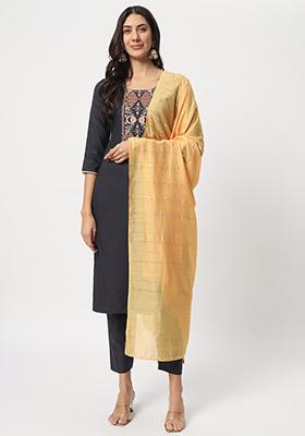 Grey Embroidered Cotton Kurta Set