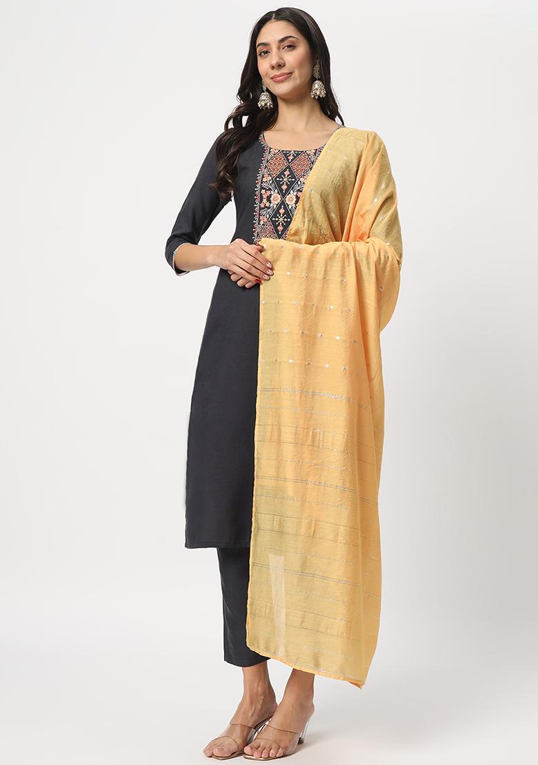 Grey Embroidered Cotton Kurta Set
