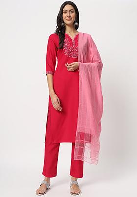 Pink Embroidered Cotton Kurta Set