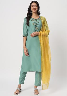 Sea Green Embroidered Cotton Kurta Set