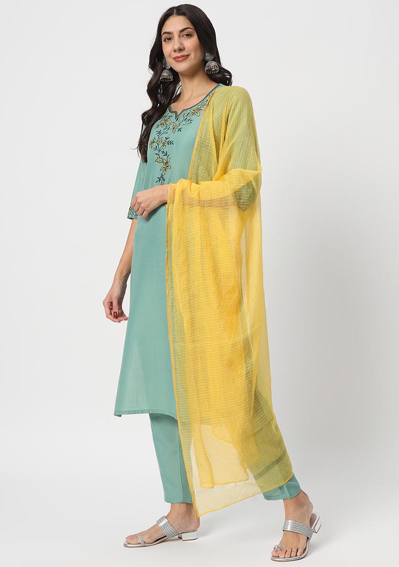 Sea Green Embroidered Cotton Kurta Set