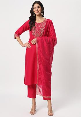 Pink Embroidered Cotton Kurta Set