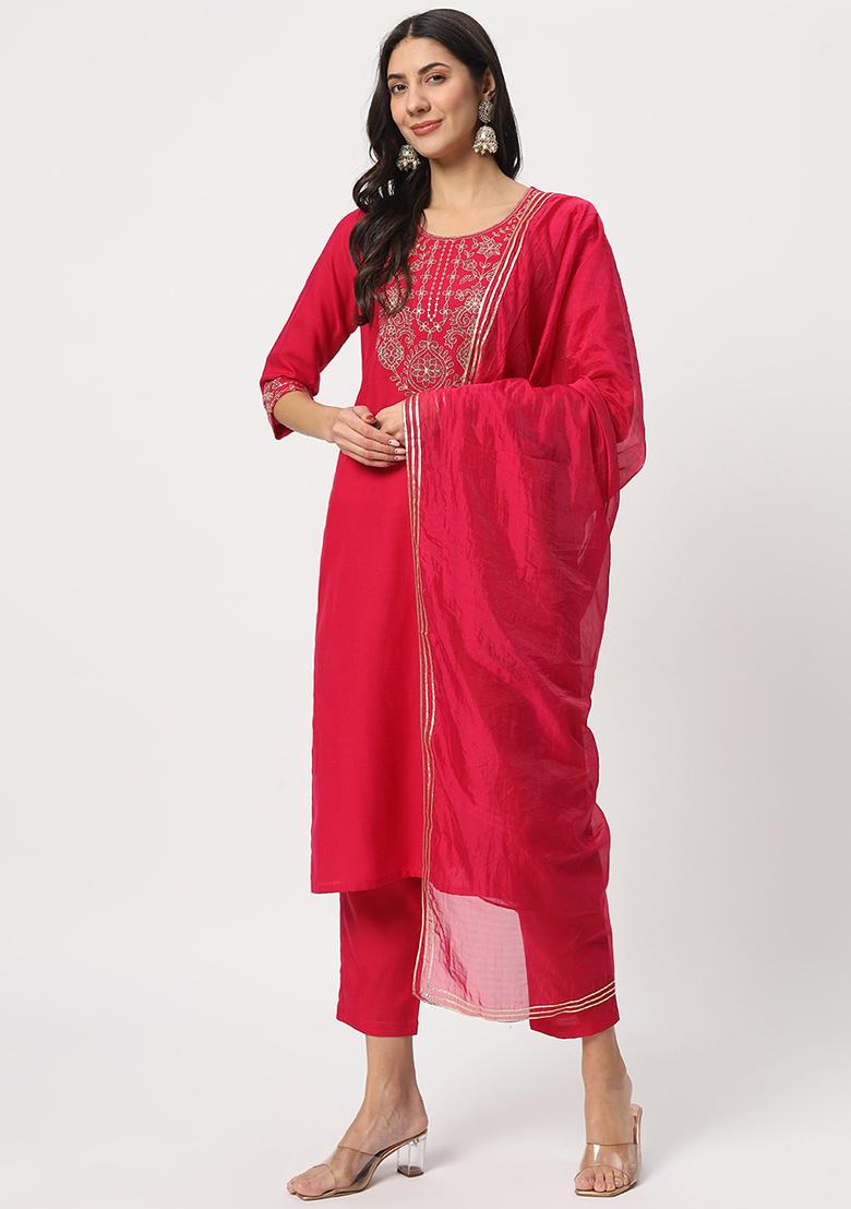 Pink Embroidered Cotton Kurta Set