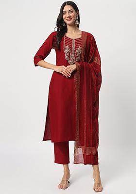 Maroon Embroidered Cotton Kurta Set