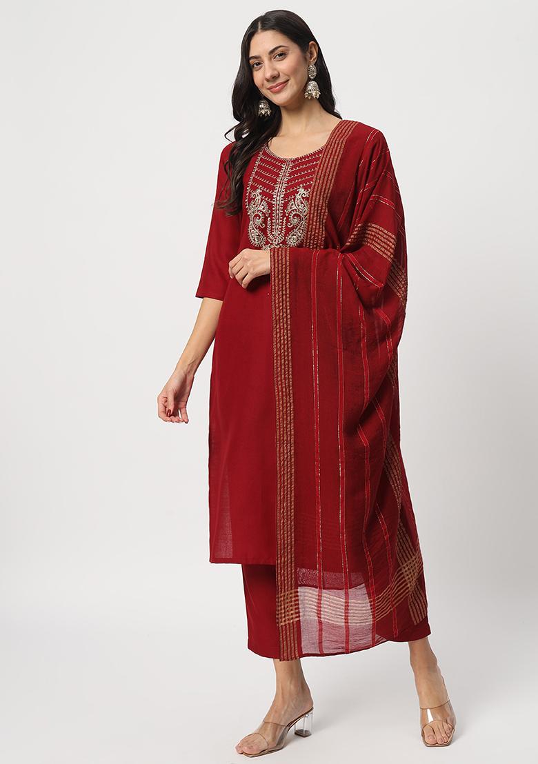 Maroon Embroidered Cotton Kurta Set