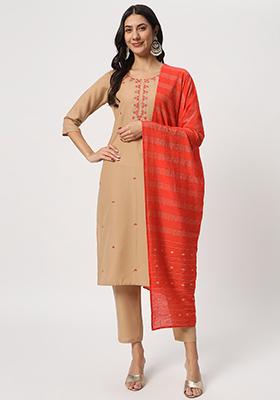 Beige Embroidered Cotton Kurta Set