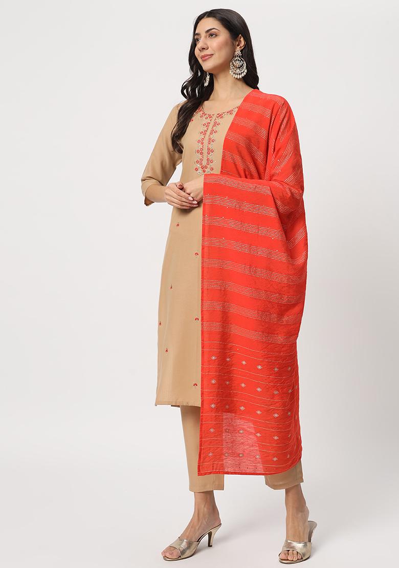 Beige Embroidered Cotton Kurta Set