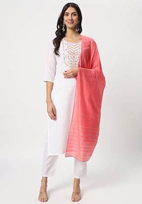 White Embroidered Cotton Kurta Set