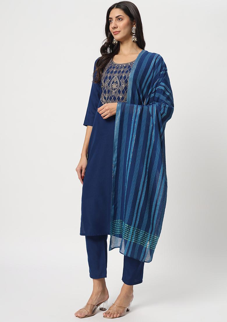 Blue Embroidered Cotton Kurta Set