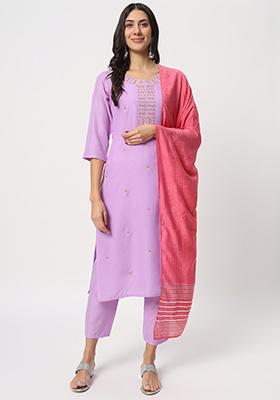 Lavender Embroidered Cotton Kurta Set