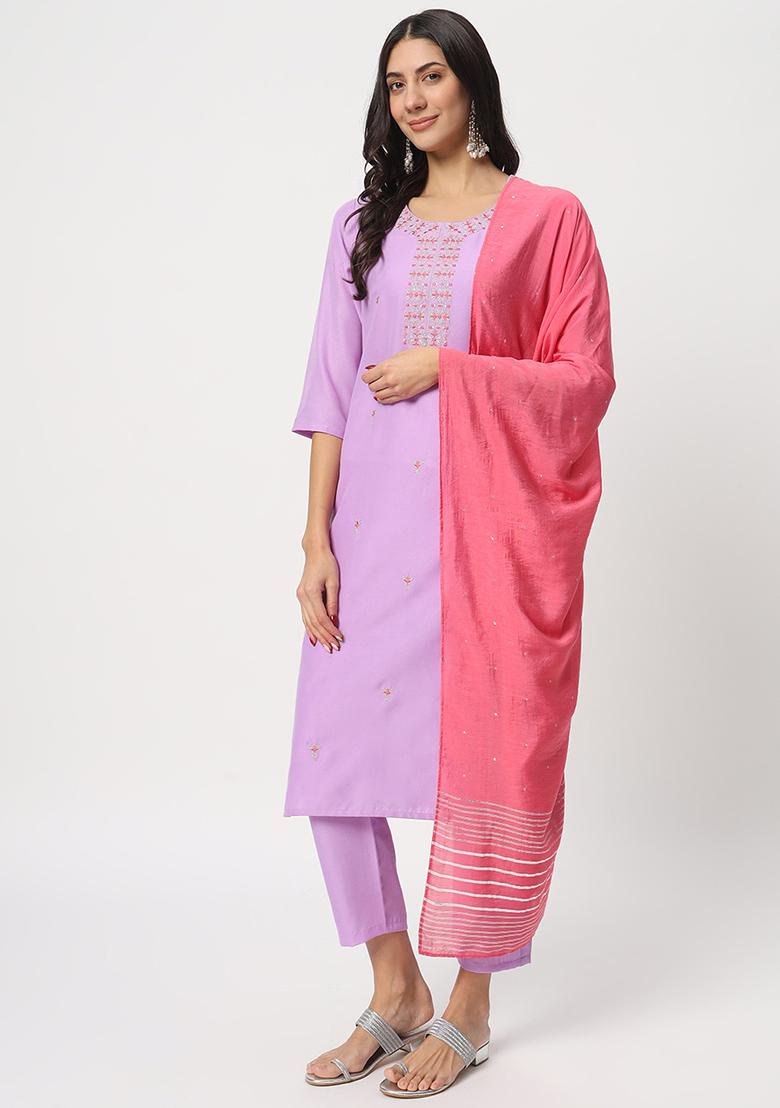 Lavender Embroidered Cotton Kurta Set