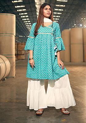 Sea Green Abstract Print Cotton Kurta Set