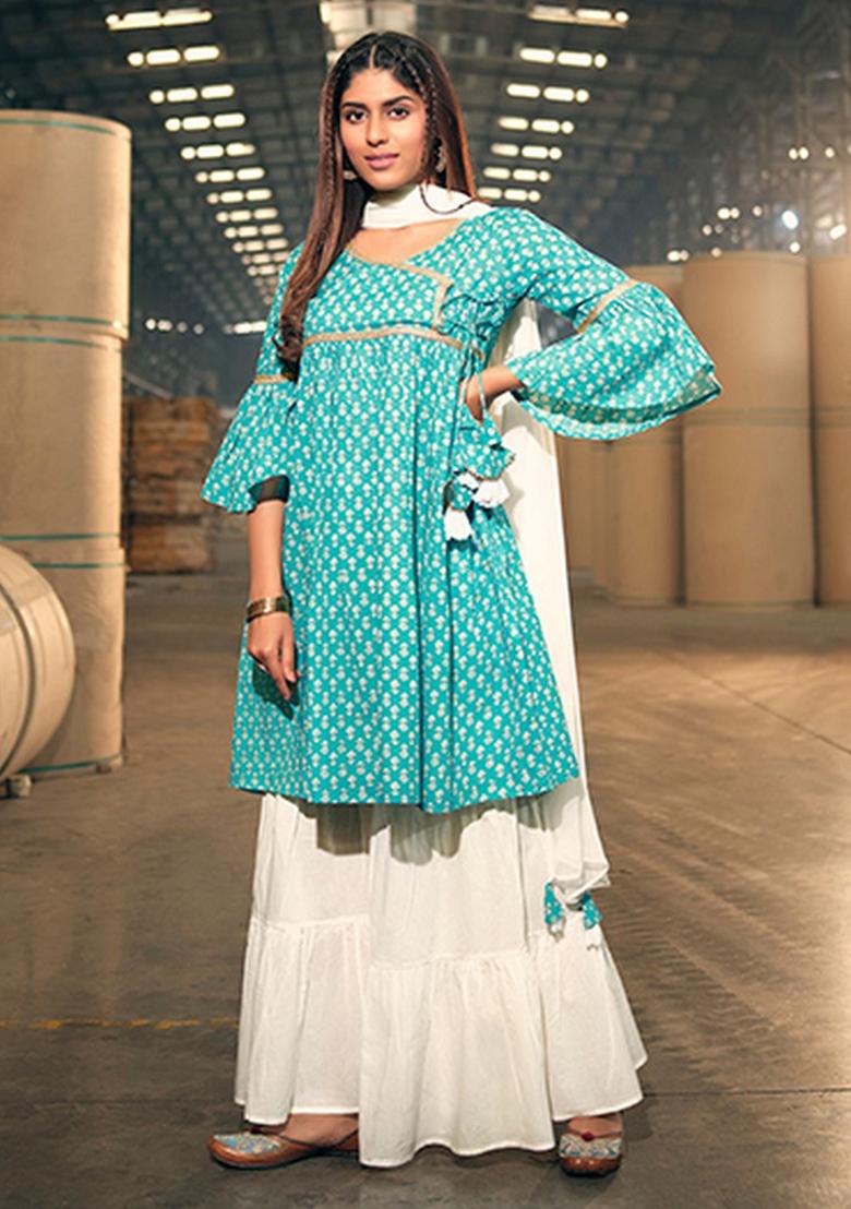 Sea Green Abstract Print Cotton Kurta Set