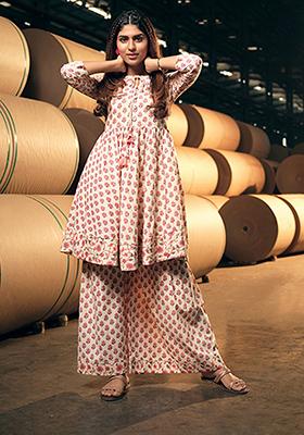 Pink Abstract Print Cotton Kurta Set