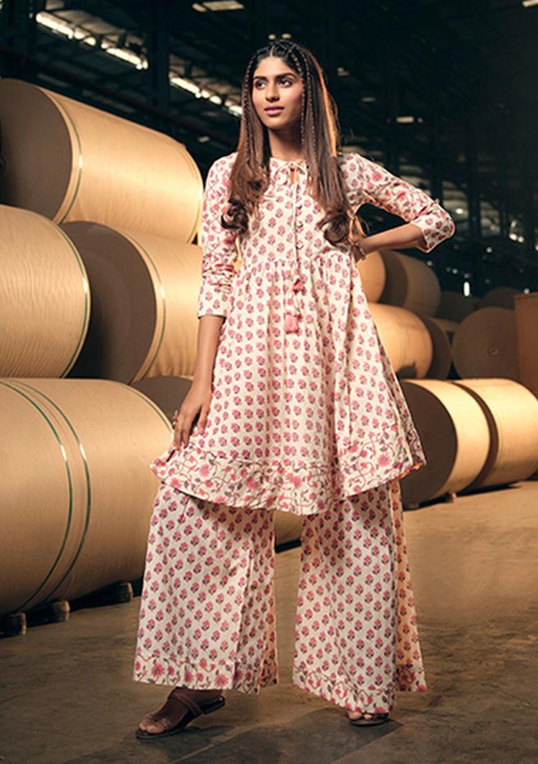 Pink Abstract Print Cotton Kurta Set