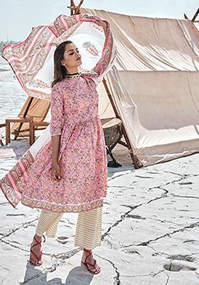 Pink Abstract Print Cotton Kurta Set