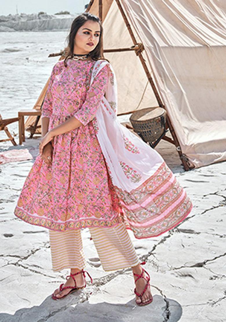 Pink Abstract Print Cotton Kurta Set