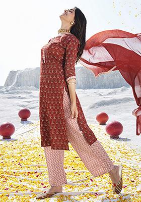 Maroon Abstract Print Cotton Kurta Set