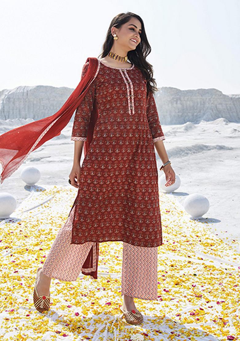 Maroon Abstract Print Cotton Kurta Set