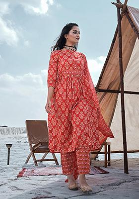 Orange Abstract Print Cotton Kurta Set