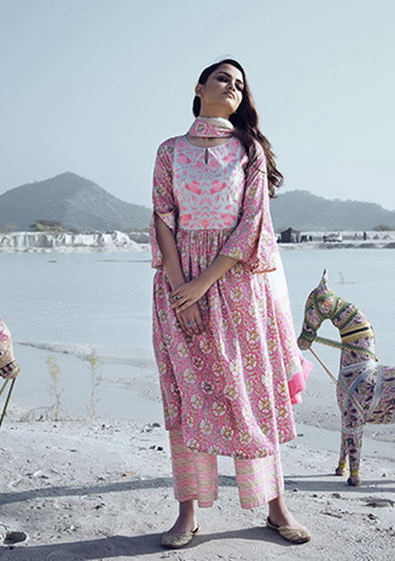Pink Abstract Print Cotton Kurta Set