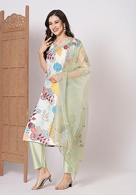 Cream Embroidered Silk Kurta Set
