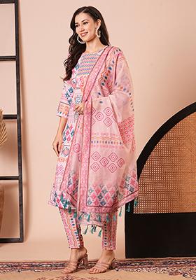 Pink Embroidered Cotton Kurta Set