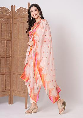 Peach Embroidered Crepe Kurta Set