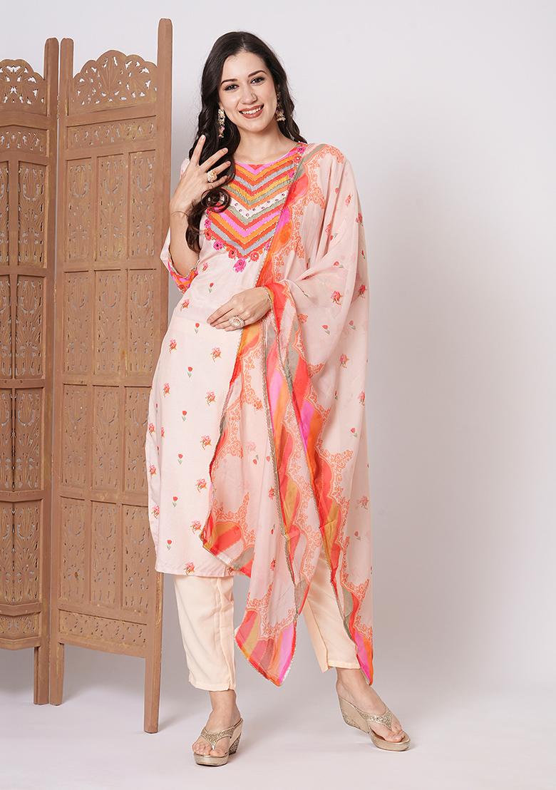 Peach Embroidered Crepe Kurta Set