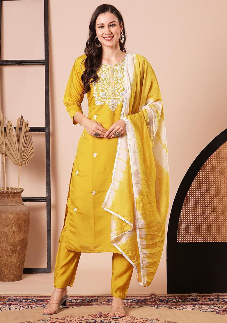 Mustard Yellow Embroidered Chanderi Kurta Set