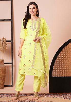 Yellow Embroidered Viscose Kurta Set