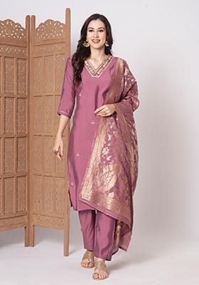 Pink Embroidered Chanderi Kurta Set