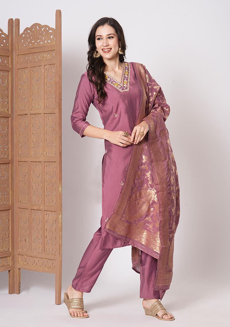 Pink Embroidered Chanderi Kurta Set
