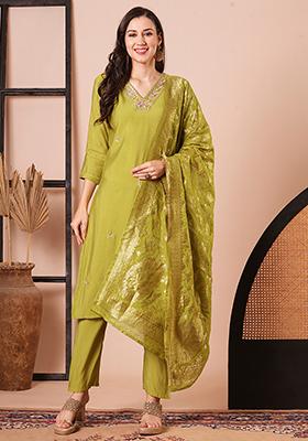 Green Embroidered Chanderi Kurta Set