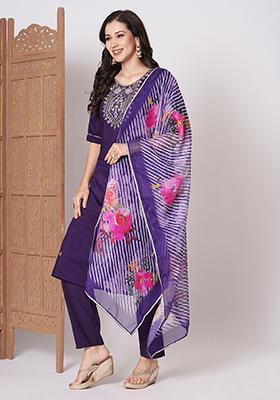 Violet Embroidered Chanderi Kurta Set