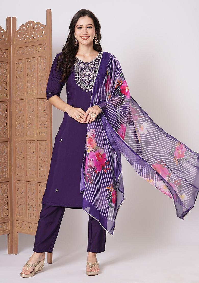 Violet Embroidered Chanderi Kurta Set