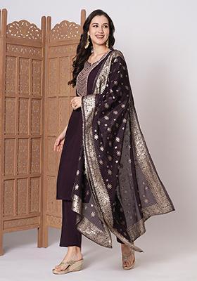 Brown Embroidered Chanderi Kurta Set