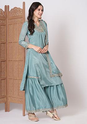 Blue Embroidered chiffon Kurta Set