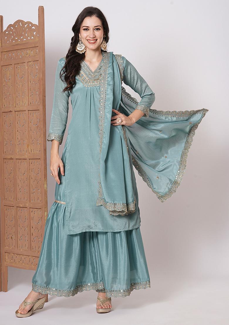 Blue Embroidered chiffon Kurta Set
