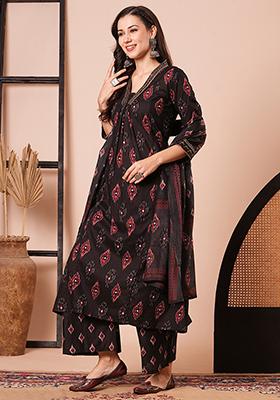 Black Embroidered Cotton Kurta Set