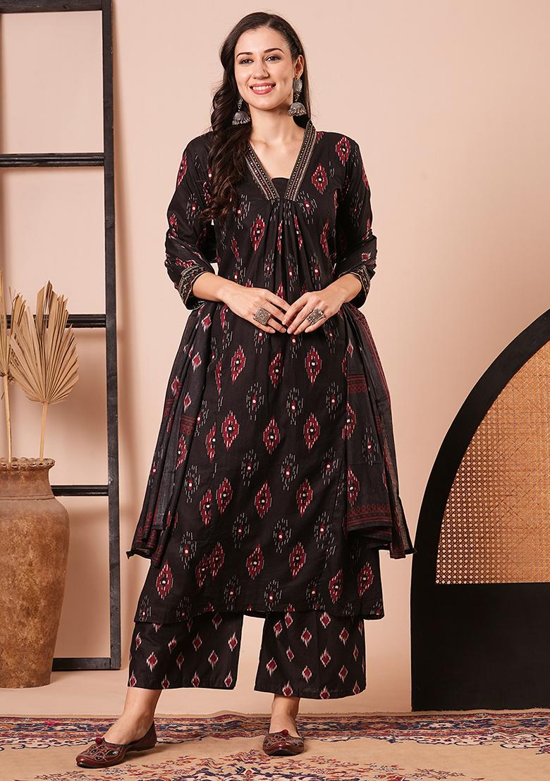 Black Embroidered Cotton Kurta Set