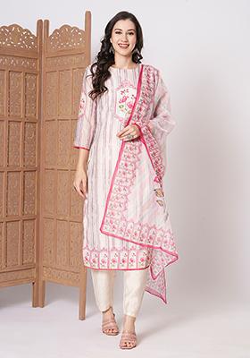 White Abstract Print Silk Kurta Set
