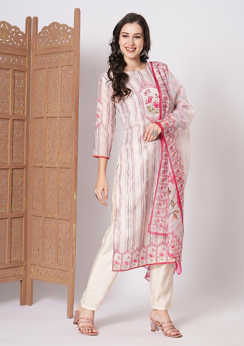White Abstract Print Silk Kurta Set