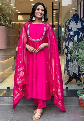 Pink Embroidered Chanderi Kurta Set