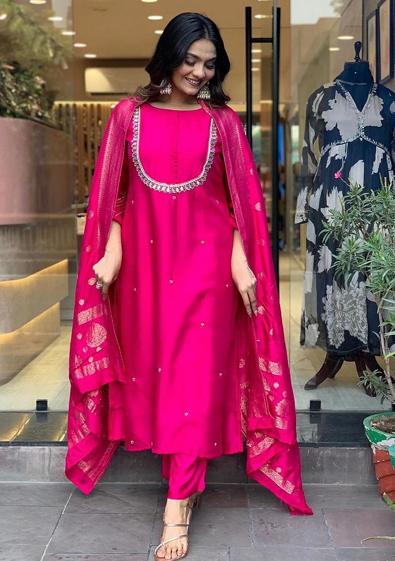 Pink Embroidered Chanderi Kurta Set